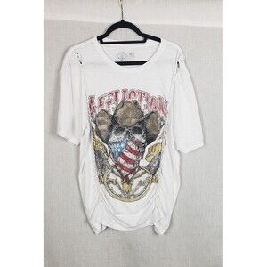 Affliction Shirt Womens XL White Rhinestone Skull Cowboy Graphic Braided Tee